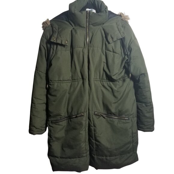 Old Navy Maternity Bump Friendly Green Jacket with Faux Fur Trim Cap Sz M - Picture 1 of 7